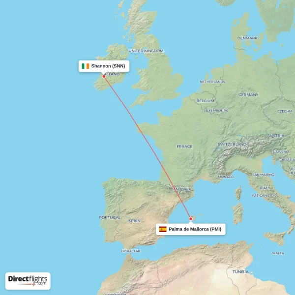 Shannon - Palma de Mallorca direct flight map