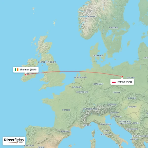 Shannon - Poznan direct flight map