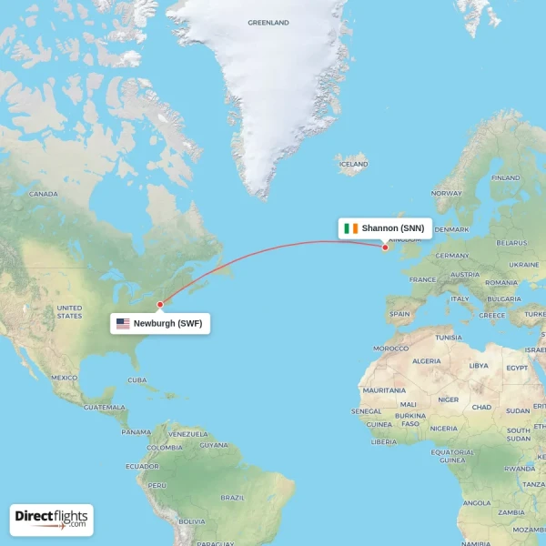 Shannon - Newburgh direct flight map