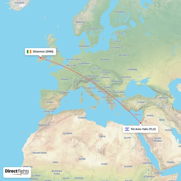 Shannon - Tel Aviv-Yafo direct flight map