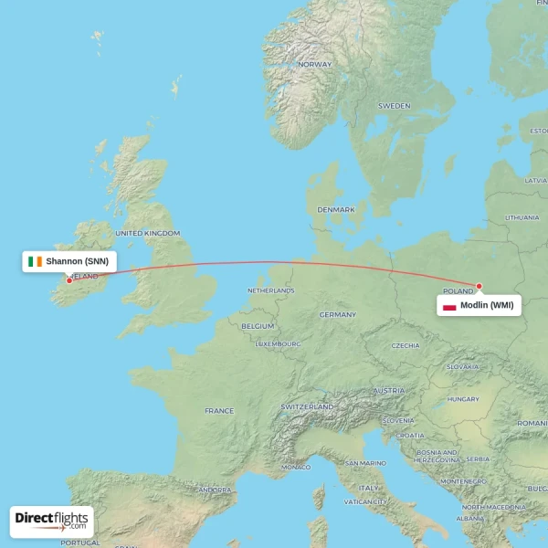 Shannon - Modlin direct flight map