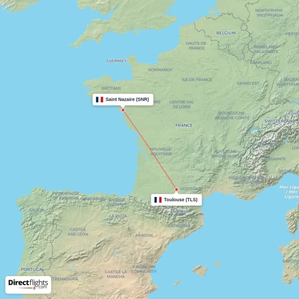 Saint Nazaire - Toulouse direct flight map