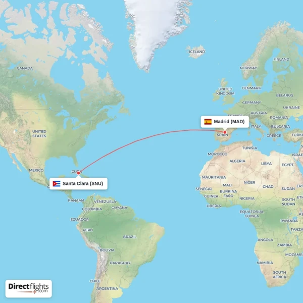 Santa Clara - Madrid direct flight map