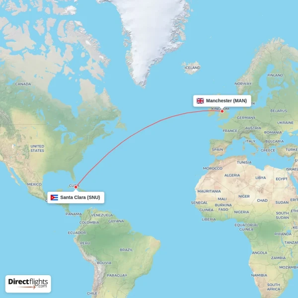 Santa Clara - Manchester direct flight map