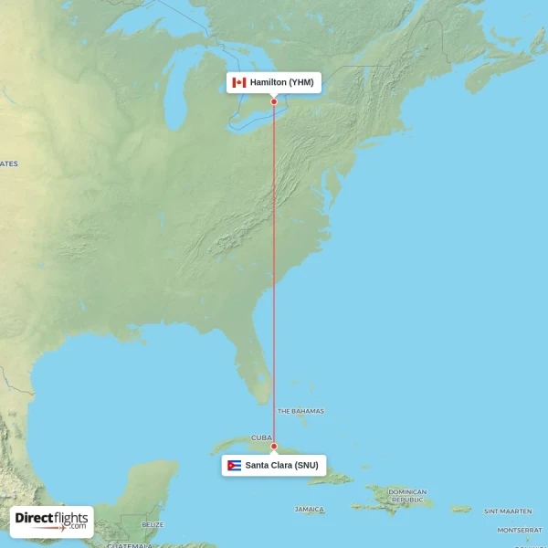 Santa Clara - Hamilton direct flight map