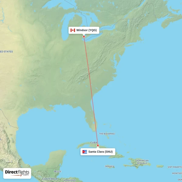 Santa Clara - Windsor direct flight map