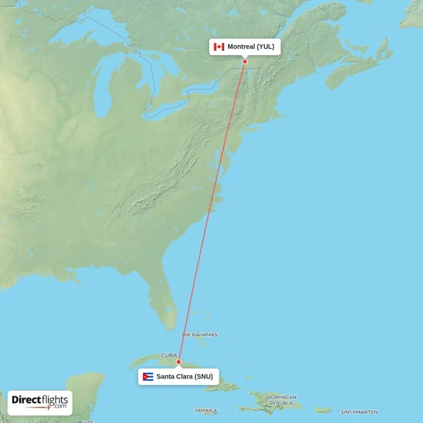 Santa Clara - Montreal direct flight map