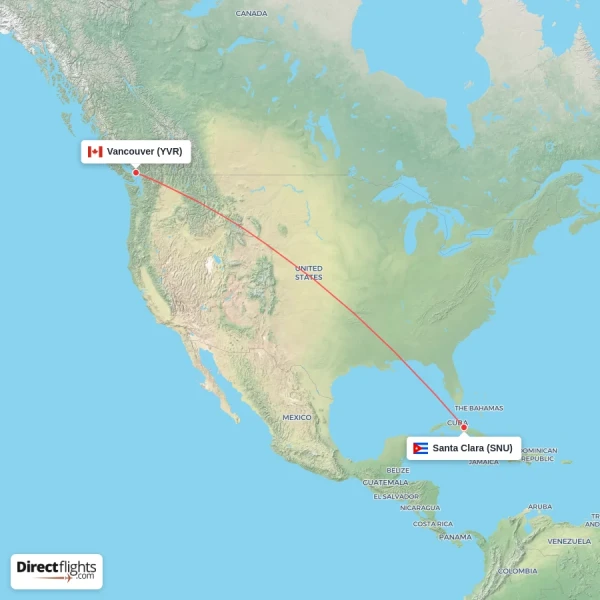 Santa Clara - Vancouver direct flight map