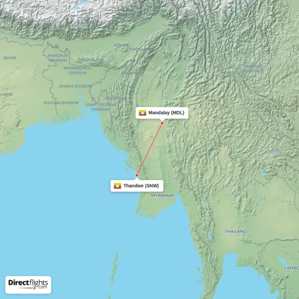 Thandwe - Mandalay direct flight map