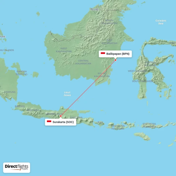 Surakarta - Balikpapan direct flight map