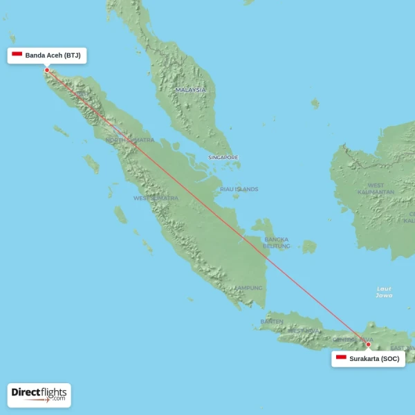 Surakarta - Banda Aceh direct flight map
