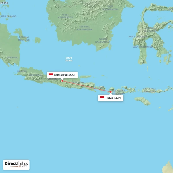 Surakarta - Praya direct flight map