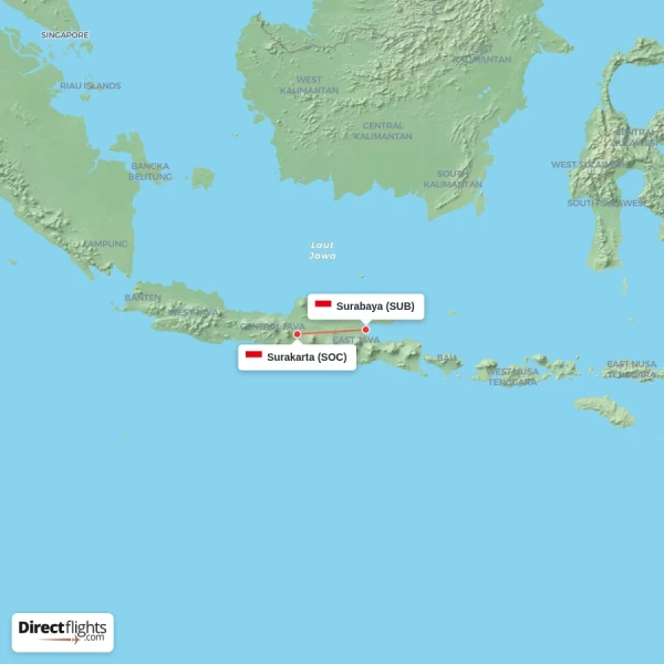 Surakarta - Surabaya direct flight map
