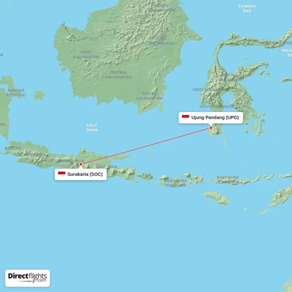 Surakarta - Ujung Pandang direct flight map