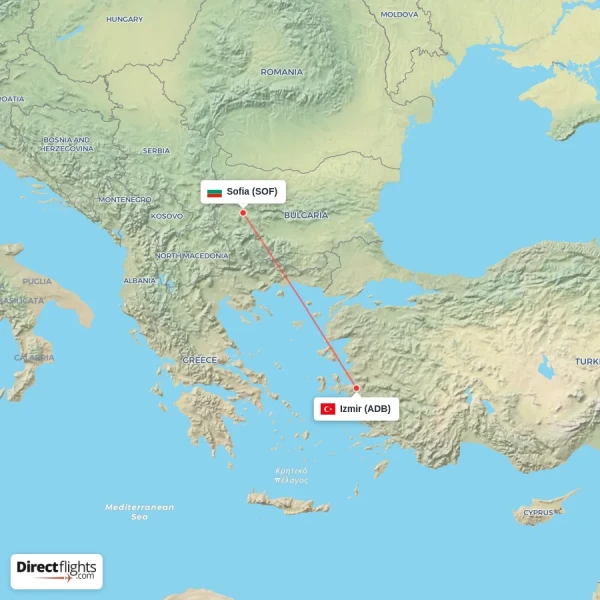 Sofia - Izmir direct flight map
