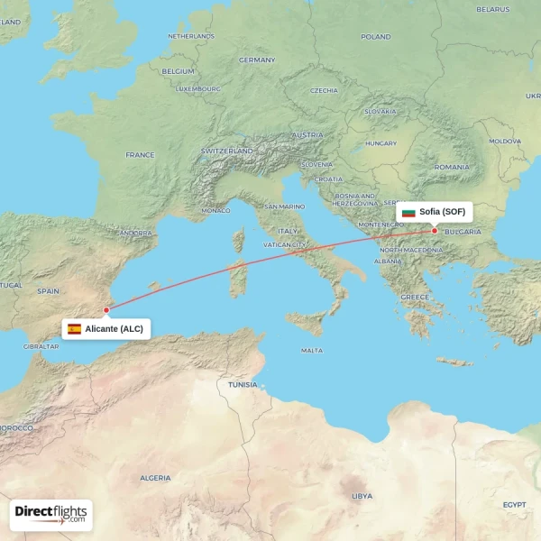 Sofia - Alicante direct flight map