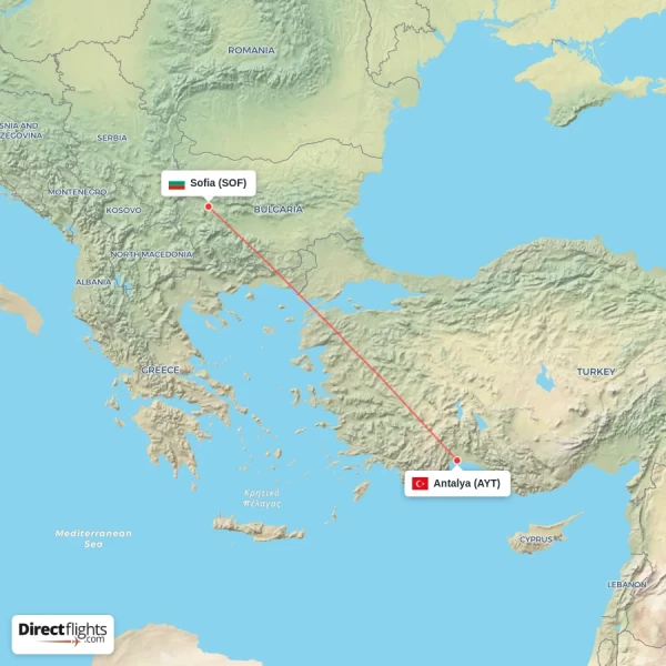 Sofia - Antalya direct flight map