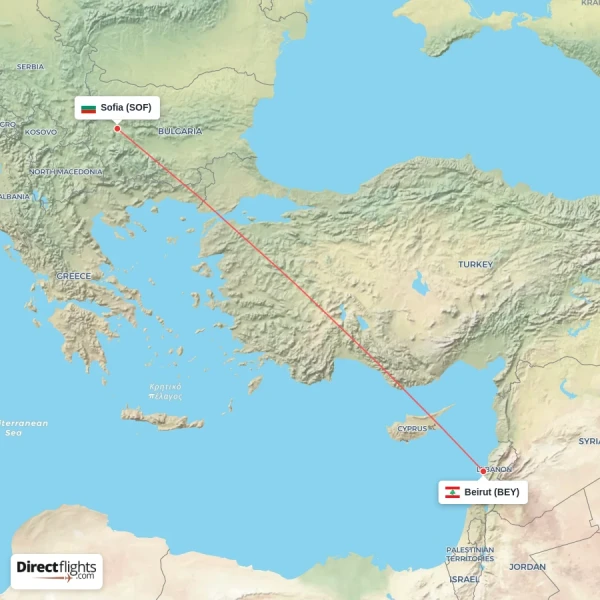 Sofia - Beirut direct flight map