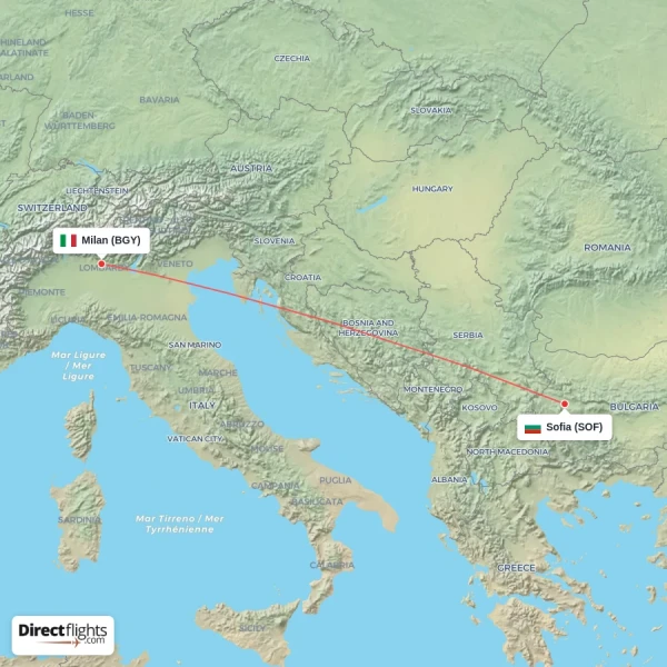 Sofia - Milan direct flight map