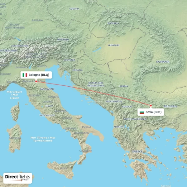 Sofia - Bologna direct flight map