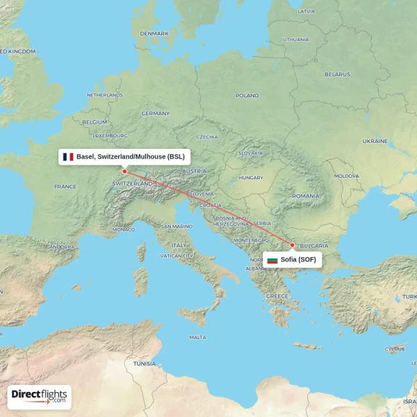 Sofia - Basel, Switzerland/Mulhouse direct flight map