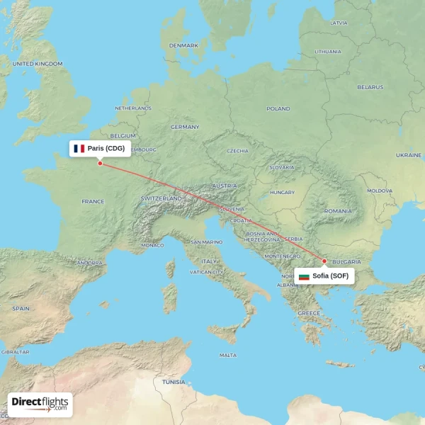 Sofia - Paris direct flight map