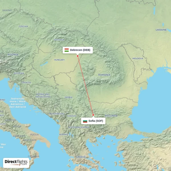 Sofia - Debrecen direct flight map