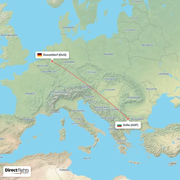 Sofia - Dusseldorf direct flight map