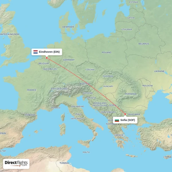 Sofia - Eindhoven direct flight map