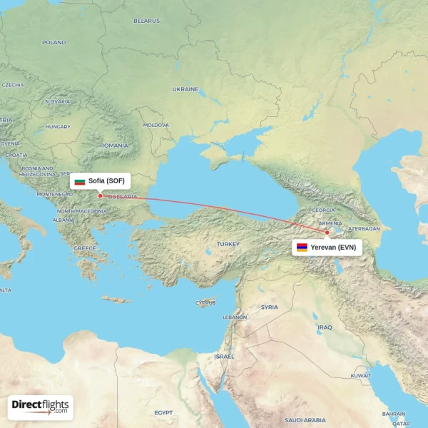 Sofia - Yerevan direct flight map
