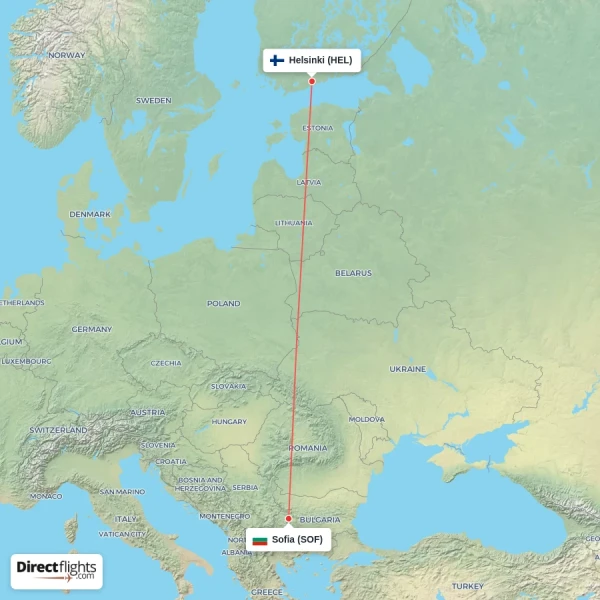 Sofia - Helsinki direct flight map
