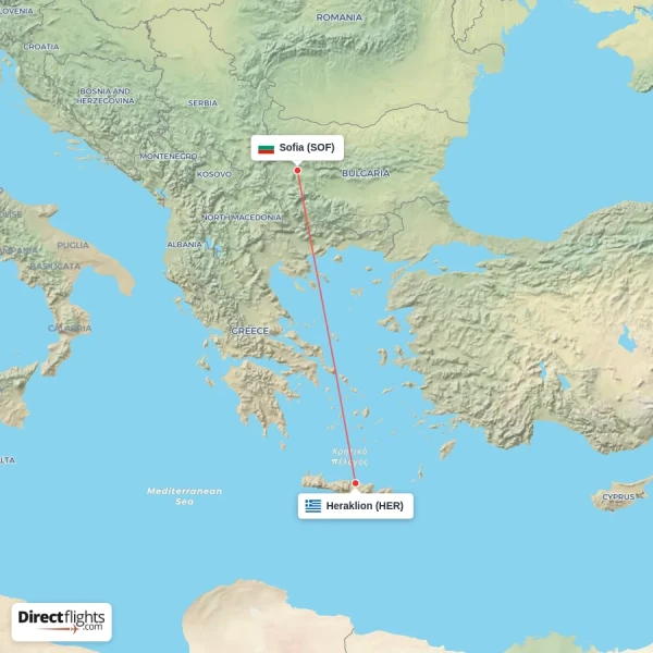 Sofia - Heraklion direct flight map