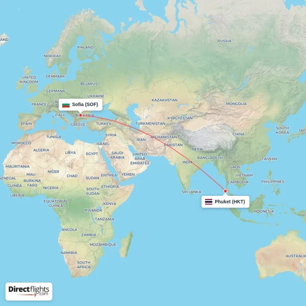 Sofia - Phuket direct flight map