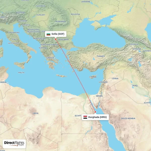 Sofia - Hurghada direct flight map