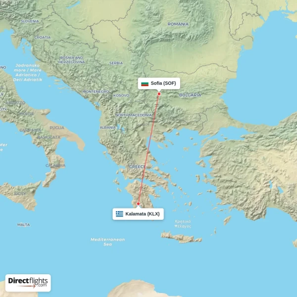 Sofia - Kalamata direct flight map
