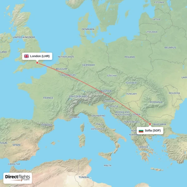 Sofia - London direct flight map