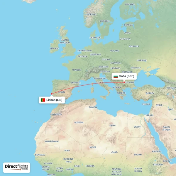 Sofia - Lisbon direct flight map