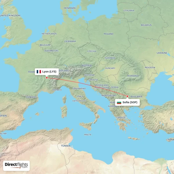 Sofia - Lyon direct flight map