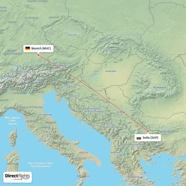 Sofia - Munich direct flight map