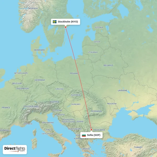 Sofia - Stockholm direct flight map