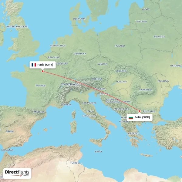 Sofia - Paris direct flight map