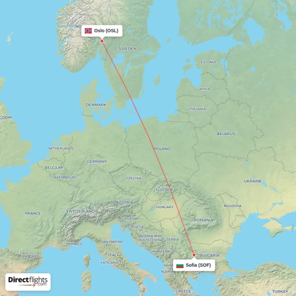 Sofia - Oslo direct flight map