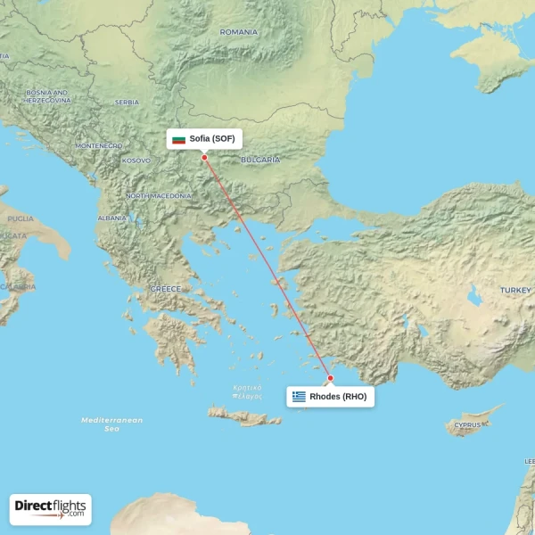 Sofia - Rhodes direct flight map