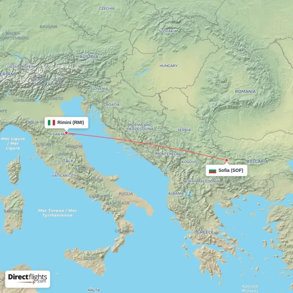 Sofia - Rimini direct flight map