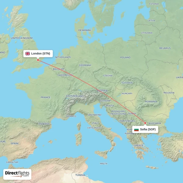 Sofia - London direct flight map