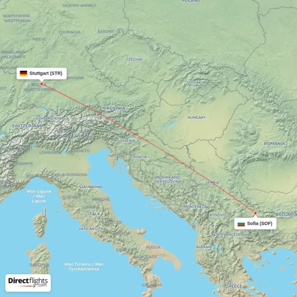 Sofia - Stuttgart direct flight map