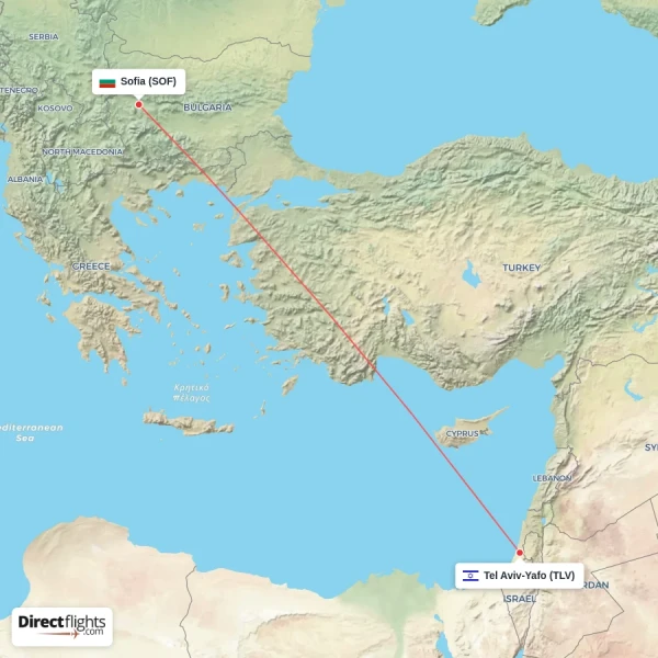 Sofia - Tel Aviv-Yafo direct flight map