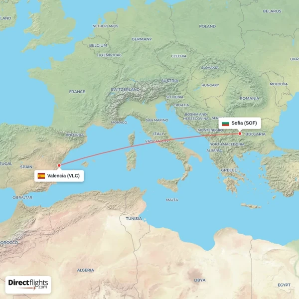 Sofia - Valencia direct flight map