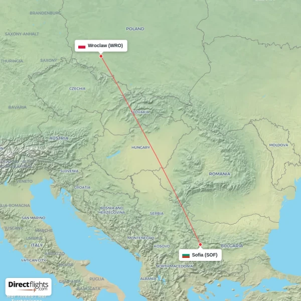 Sofia - Wroclaw direct flight map
