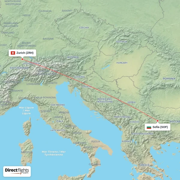 Sofia - Zurich direct flight map